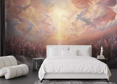 abstract artistic illustration, crowd of people and angels pray to heaven with yellow sunlight ray shine from above over cloudy sky, Generative Ai Wall mural