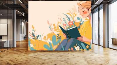 grungy texture illustration, pretty woman relaxing reading book in spring flower blossoming garden, spring and summer reading vibe theme, Ai Generated Wall mural