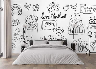 LGBTQ concept black and white line art hand draw doodle style illustration. Lesbian, Gay, Bisexual, Transgender, Queer Wall mural