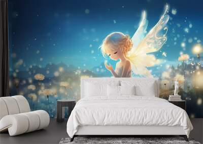 little girl fairy angel sitting on rock with firefly light glow around blue background, Generative Ai Wall mural