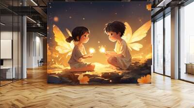 two boy and girl angel fairy sitting together in flower field at night time with firefly glitter glow around, anime illustration, Generative Ai Wall mural