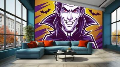 Halloween illustration of a vampire with glowing red eyes and bats on a dark purple and yellow background Wall mural