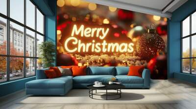 A glowing Merry Christmas banner in white letters, surrounded by red and gold ornaments and snowflakes. Wall mural