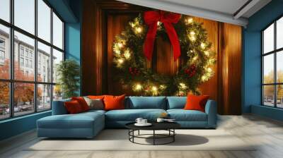 A simple but elegant Christmas wreath made of fresh pine branches, adorned with white lights and red ribbons, hanging on a wooden door. Wall mural