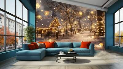 A whimsical Winter wonderland featuring brown matte decorations and glowing lights, creating a festive atmosphere. Wall mural