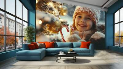 Children hanging candy canes on a snowy Christmas tree with golden lights and ornaments, smiles lighting up their faces. Wall mural