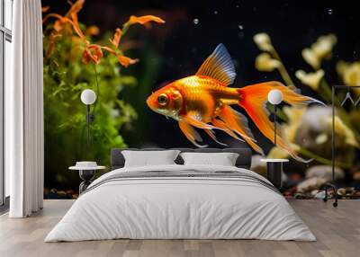 The goldfish in deep orange and light gold swim in a tank with plants, algae and rocks, air bubbles, influences, plump bodies. Wall mural