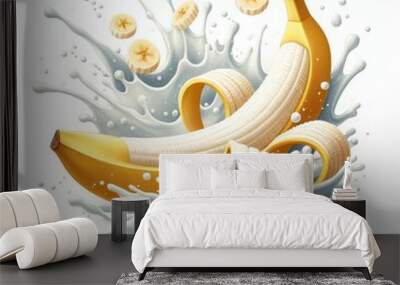 milk splash with fresh bananas isolated white background Wall mural