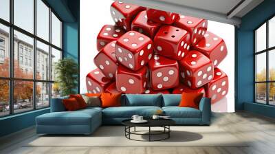 A pyramid of red dice stands tall against a white background. Wall mural