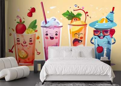 Tiny characters, male and female, beat the heat with refreshing drinks! Giant glasses and colorful beverages showcase the joy of summer refreshment. Wall mural