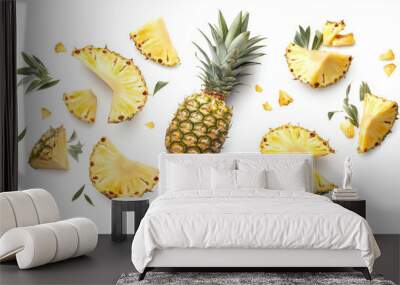 Pineapple slices appear to be floating against a white background, each slice isolated with a clipping path. The image showcases the fresh and vibrant nature of the fruit, emphasizing its juicy and tr Wall mural