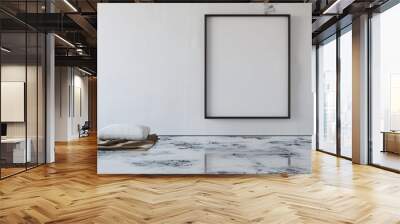 Minimalist 3D rendered mockup of a blank frame on a white wall in a room with a synthetic resin floor. Ultra HD, realistic image. Wall mural