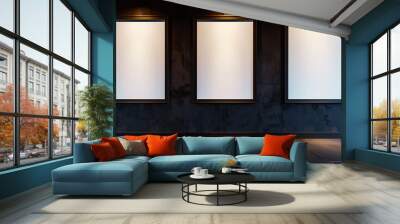 Urban-style gallery setting with three blank frames on a glossy jet black wall, evenly lit, 3D rendering Wall mural