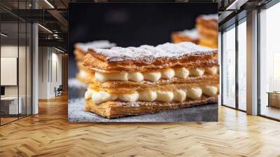 Decadent Mille-Feuille, Arrangement Showcasing Delicate Layers of Puff Pastry and Cream, created with Generative AI technology Wall mural