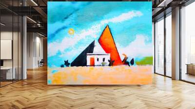 architecture acrylic painting - house with a pyramid on a blue sky landscape Wall mural