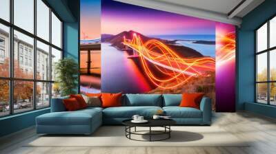 bridge modern wave neon flow line design in sunset by night Wall mural