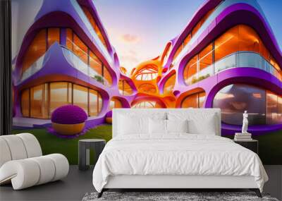 futuristic luxury home housing design with orange and purple walls and sunset sky Wall mural