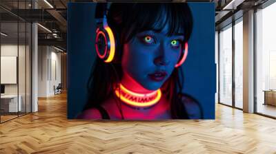 party music neon young woman night face Wall mural