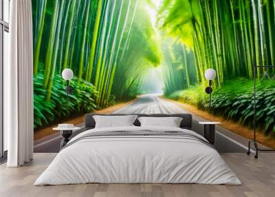 road bamboo forest empty street green travel Wall mural