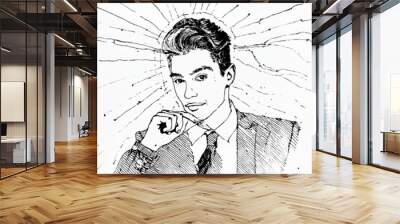 young man sun core portrait reflection ray monochrome drawing - media distribution - journalist think wearing suit Wall mural