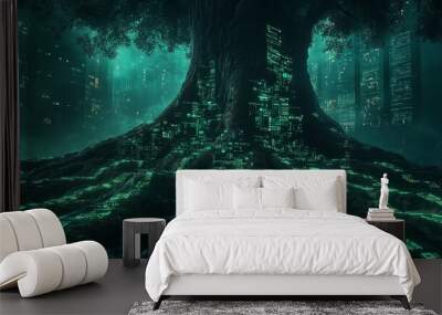 Digital Tree Roots and Cityscape Wall mural