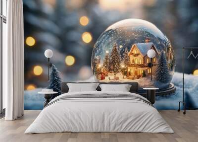 Snow Globe with Illuminated Christmas House Wall mural