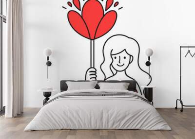 Cute young woman in red dress holding big red flower in hand. Hand-drawn doodle style art for cheerful greeting card concept. Isolated outline vector illustration for social media, poster, or print.  Wall mural