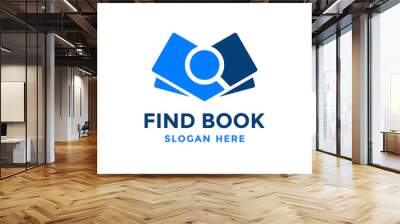 Find book logo design template. Book icon with magnifying glass combination. Review search symbol. Concept of analysing, correcting, evaluating, surveying, etc. Wall mural