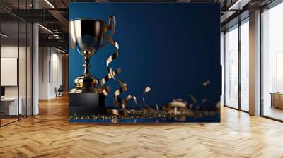 Golden trophy and streamers, business and competition concept, blue background Wall mural