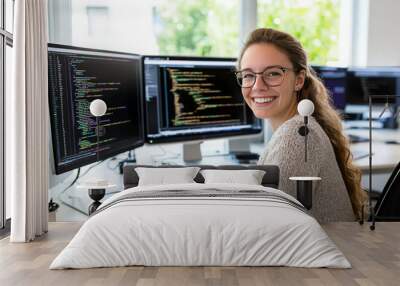 A smiling young woman with glasses sits at her desk in front of two computer monitors, working on code. Wall mural