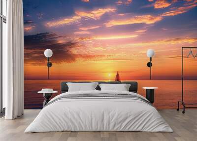 Beautiful sunset over lake superior with a sail boat. Wall mural