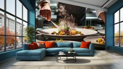 Gourmet dish being prepared in a high-end restaurant kitchen. Wall mural