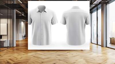 White short-sleeve button-down shirt mockup on white background, front and back view. Wall mural