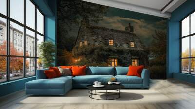 Quaint Cottage Nights: Serenading the Jet Black Waning Moon Wall mural