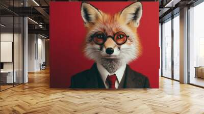 Refined Wilderness: A Stoic Fox with a Monocle on a Vibrant Crimson Background Wall mural