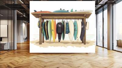 Surfboards, Wetsuits, and Beach Gear in a Wooden Rack for Beach Days Wall mural