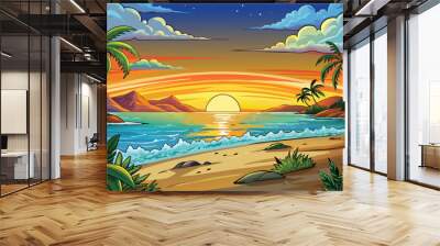  great sunset over the ocean FOR KIDS BACKGROUND vector art illustration. AI GENERTAED Wall mural