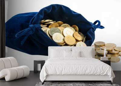 A bag of golden coins isolated on white background. AI GENERATED Wall mural