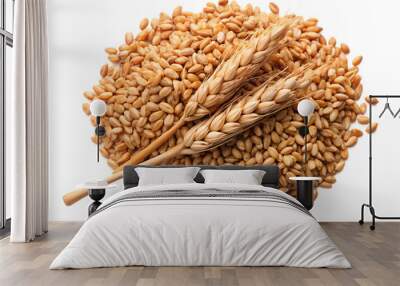 Organic peeled spelt grains and ear of wheat isolated on white, AI GENERATED Wall mural