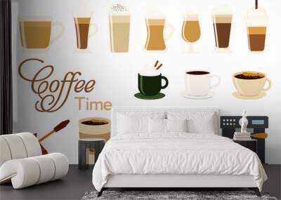 Hot and cold coffee beverage. Different types of drinks set. Espresso, americano cup, cappuccino and latte in paper mug, iced macchiato in glass. Flat Wall mural