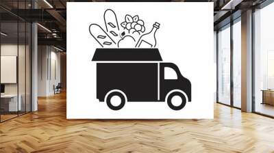 Lorry truck delivering food icon isolated illustration. Truck with grocery food in a cardboard box. Wall mural