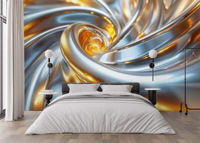 3D rendering of a silver and gold abstract vortex. Wall mural