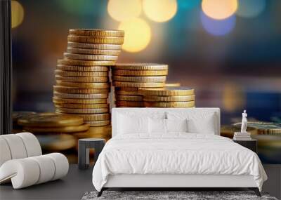 A close-up view of stacks of shiny coins on a reflective surface, capturing the essence of wealth and abundance with a blurred background. Wall mural