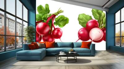 A collection of fresh radishes with vibrant red skins and green leaves, perfect for culinary and agricultural imagery. Wall mural