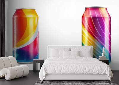 A collection of vibrant, colorful beverage cans featuring striking designs and modern aesthetics, perfect for beverage marketing. Wall mural