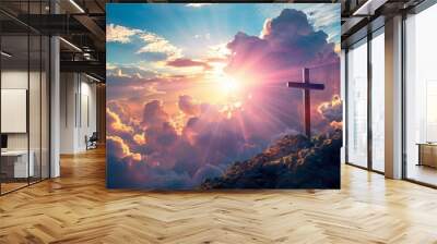 A spiritual Easter greeting card featuring the cross on Golgotha with rays of light piercing through clouds Wall mural