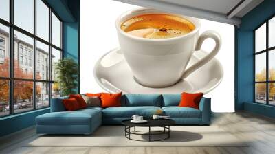 A steaming cup of espresso coffee in a white ceramic cup and saucer, showcasing rich crema on top, presented on a plain white background. Wall mural