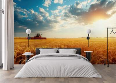 A vibrant landscape featuring a tractor in a golden wheat field under a dramatic sky at sunset. Wall mural