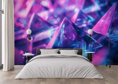 Abstract 3D rendering of blue and purple glass pyramids on dark background Geometric technology design for banners or posters Wall mural