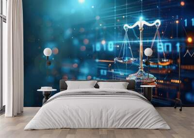 Abstract digital law concept, scales of justice, futuristic background, glowing tech elements Wall mural